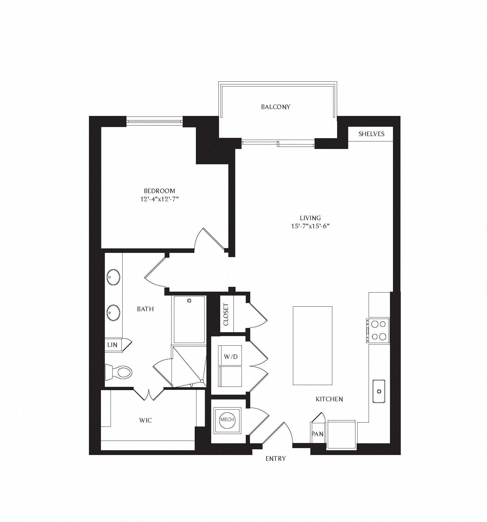 Floor plan for 1 bed, 1 bath, 943 sqft